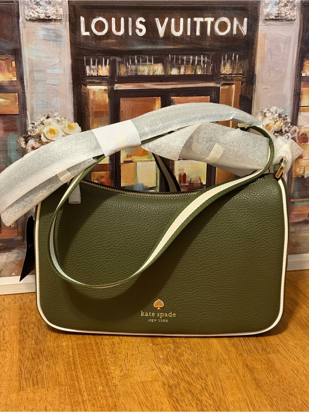 NWT kate spade Olive Green Pebble Leather Shoulder Bag with White Piping